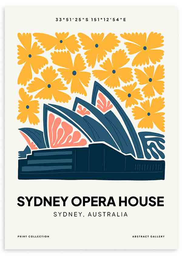 Cuadro de la Ópera de Sídney con flores amarillas grandes, formas azul petróleo, detalles coral y composición gráfica de estilo ilustración. Disponible en kudeko.com