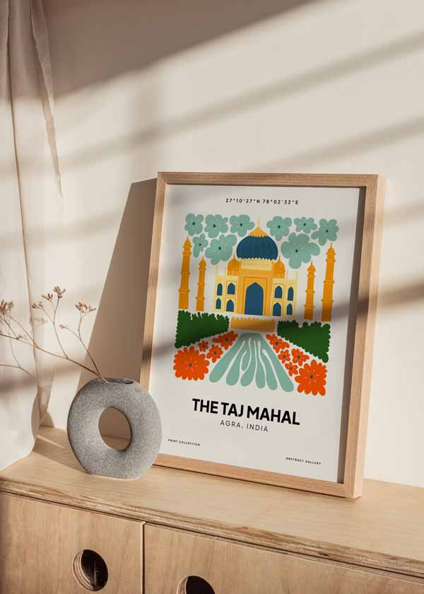 Cuadro Taj Mahal, ilustración colorida. Una obra que te hará viajar a la India para ver uno una de las 7 maravillas del mundo