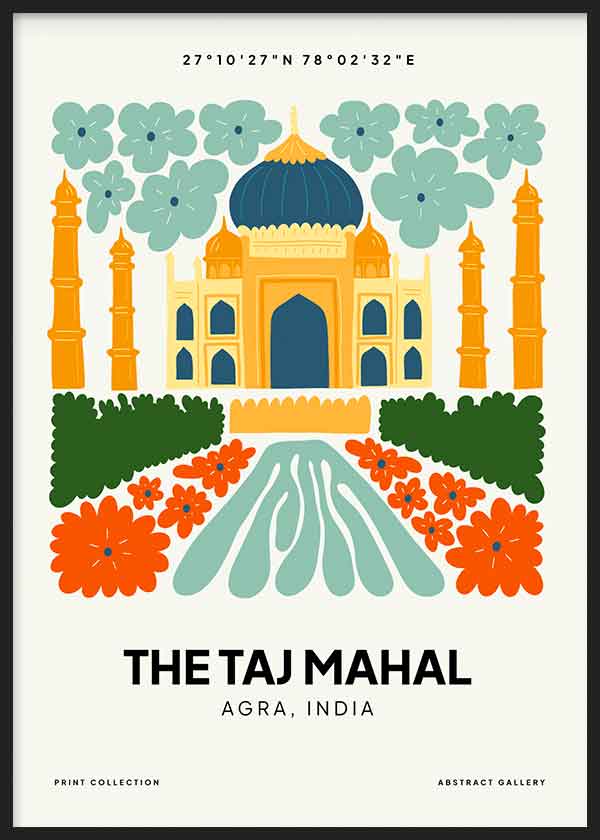 Cuadro con ilustración del Taj Mahal entre flores turquesa, detalles naranjas, jardines verdes y estanque azul sobre fondo claro, de estilo ilustración. Disponible en kudeko.com