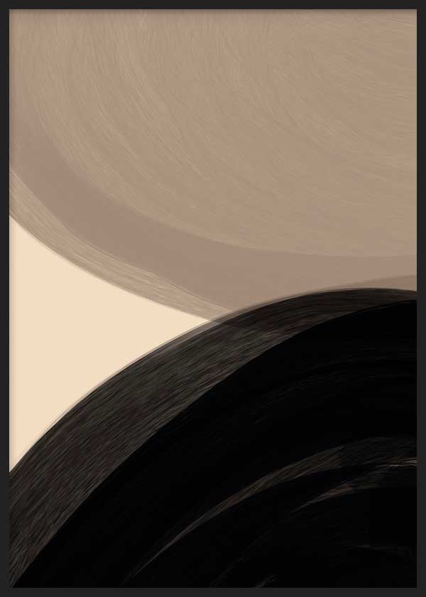 Abstraktes Wandbild mit geschwungenen Formen in Schwarz, Sandbeige, Creme und Taupe, mit umhüllender Komposition, weichen Linien und minimalistischem Stil. Erhältlich auf kudeko.com