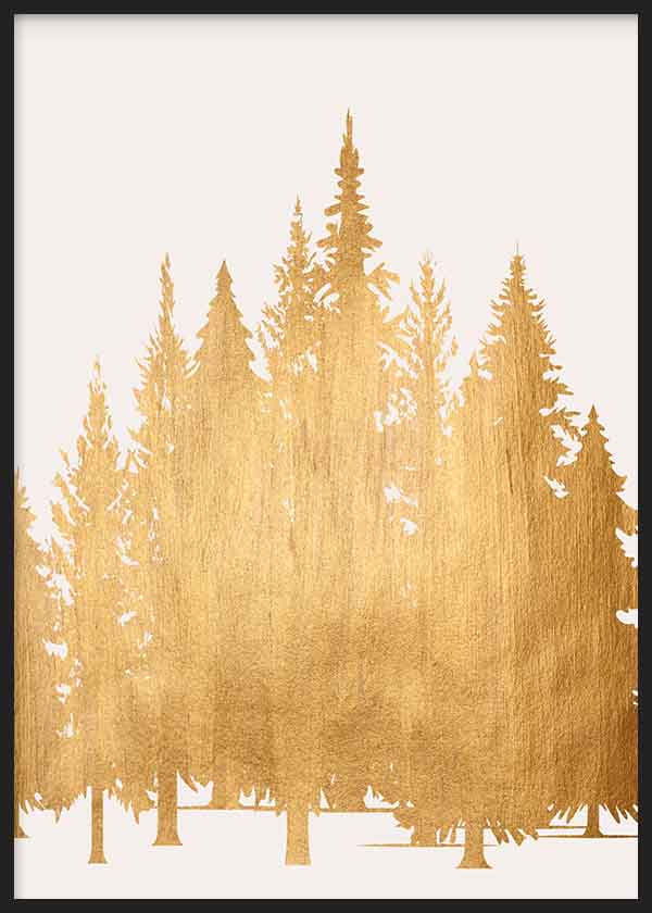 Cuadro con siluetas de bosque de abetos en color dorado sobre fondo blanco, composición luminosa, elegante y de estilo naturaleza y paisajes. Disponible en kudeko.com