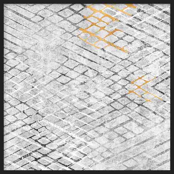 Quadratisches Wandbild mit abstrakter Komposition aus diagonalen geometrischen Strukturen, weißen und grauen Texturen, sanften schwarzen Details und goldenen Akzenten im modernen Stil. Erhältlich auf kudeko.com