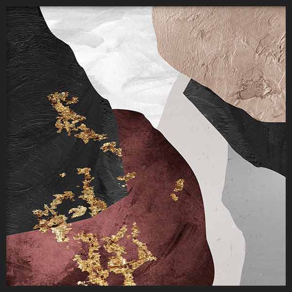 Quadratisches Wandbild mit organischen abstrakten Formen in Schwarz, Beige, Weiß, Grau und Bordeaux, goldenen Details und klar modernem Stil. Erhältlich auf kudeko.com
