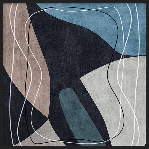 Quadratisches Wandbild mit abstrakten überlagerten Formen in Graublau, Schwarz, Beige und Weiß, feinen Wellenlinien und ausgewogenem zeitgenössischem Stil. Erhältlich auf kudeko.com