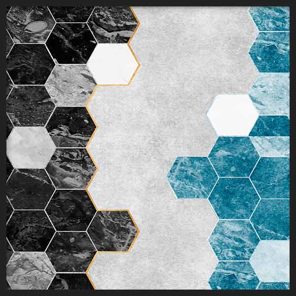 Quadratisches Wandbild mit marmierten Hexagonen in Schwarz, Grau, Weiß und Türkisblau auf hellem, strukturiertem Hintergrund, im geometrischen und zeitgemäßen Stil. Erhältlich auf kudeko.com