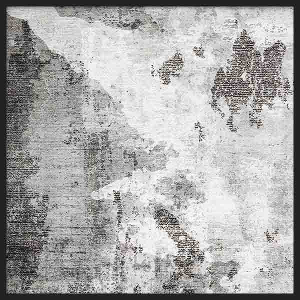 Quadratisches Wandbild mit abstrakter Komposition aus überlagerten Texturen in Off-White, Grau, Schwarz und Taupe, im klaren modernen und strukturierten Stil. Erhältlich auf kudeko.com