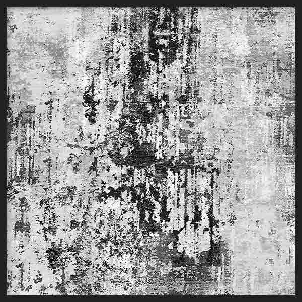 Quadratisches Wandbild mit abstrakter Komposition in Weiß, Grau und Schwarz, abgenutzter Textur, unregelmäßigen Flecken und zeitgemäßem Stil für eine ruhige Wandgestaltung. Erhältlich auf kudeko.com