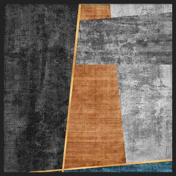 Quadratisches Wandbild mit abstrakter Komposition aus geometrischen Formen in Schwarz, Grau, Off-White, gebranntem Ocker und Petrolblau, im klaren zeitgenössischen Stil. Erhältlich auf kudeko.com