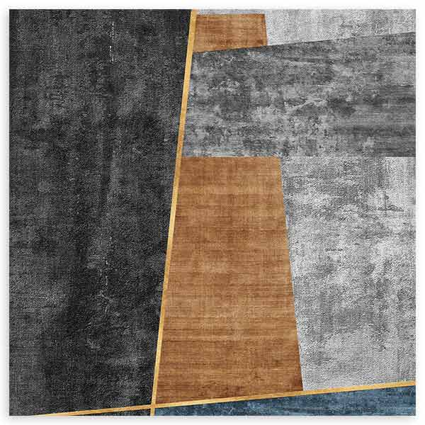Quadratisches Wandbild mit abstrakter Komposition aus geometrischen Formen in Schwarz, Grau, Off-White, gebranntem Ocker und Petrolblau, im klaren zeitgenössischen Stil. Erhältlich auf kudeko.com