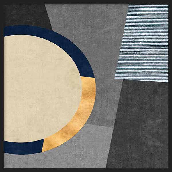 Quadratisches Wandbild mit cremefarbenem Halbkreis, navyblauen Akzenten, goldenem Detail und grauen Flächen im ausgewogenen geometrischen Stil. Erhältlich auf kudeko.com