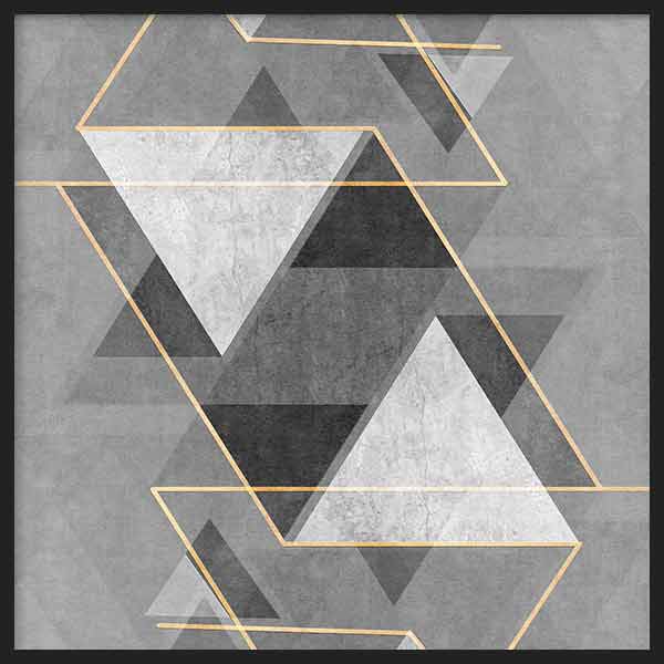 Quadratisches Wandbild mit überlagerten Dreiecken in Grau, Schwarz und Weiß, goldfarbenen Linien, texturiertem Hintergrund und geometrischem Stil für moderne Räume. Erhältlich auf kudeko.com