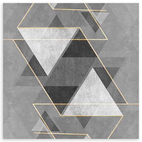 Cuadro cuadrado con triángulos superpuestos en gris, negro, blanco y líneas doradas sobre fondo texturizado, de estilo geométrico. Disponible en kudeko.com