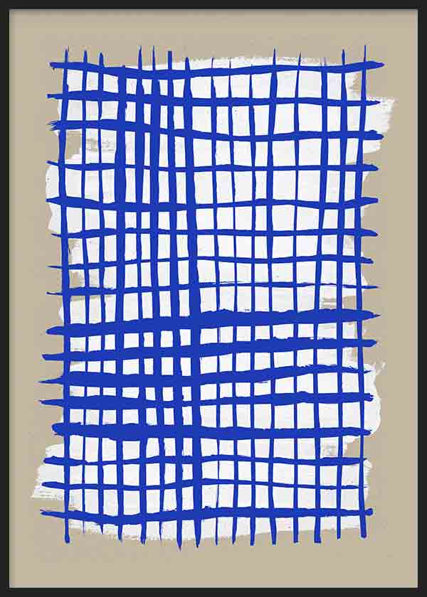 Cuadro con retícula irregular azul intenso sobre fondo blanco y beige, composición de líneas cruzadas de estilo geométrico. Disponible en kudeko.com