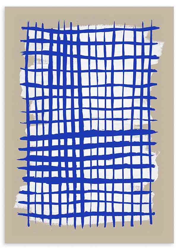 Cuadro con retícula irregular azul intenso sobre fondo blanco y beige, composición de líneas cruzadas de estilo geométrico. Disponible en kudeko.com