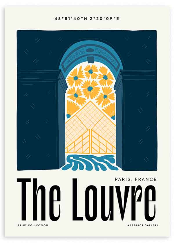 Tableau encadré avec arche architecturale bleu foncé, pyramide géométrique dorée, fleurs jaunes décoratives et composition parisienne en style illustration graphique. Disponible sur kudeko.com