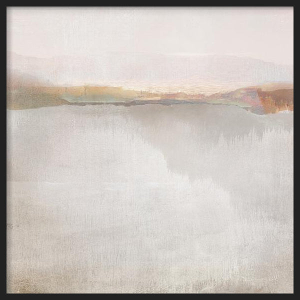 Cuadro cuadrado con paisaje abstracto de horizonte difuso en tonos beige, arena, gris claro y tierra, con atmósfera serena y luminosa de estilo abstracto. Disponible en kudeko.com