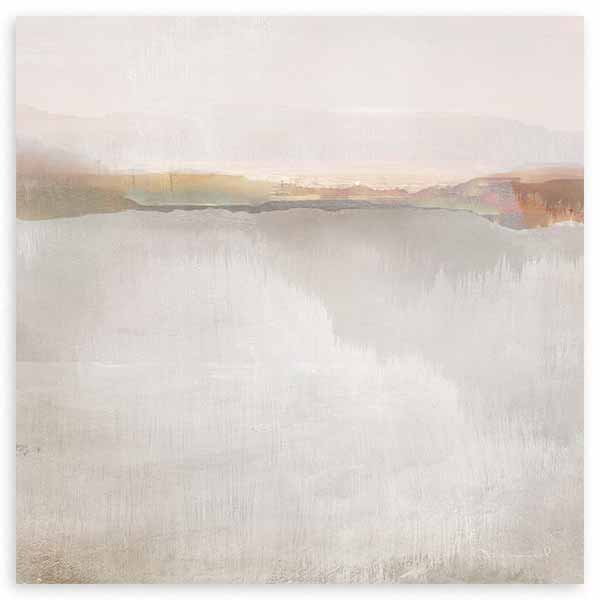 Quadratisches Wandbild mit abstrakter Landschaft, diffusem Horizont in Beige, Sand, hellem Grau und Erdtönen, in ruhigem, hellem und modernem Stil. Erhältlich auf kudeko.com