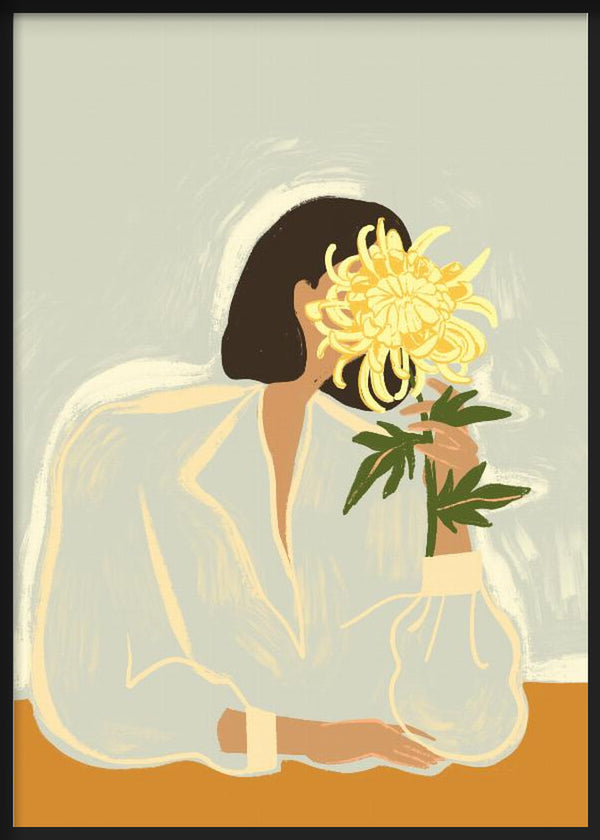 Cuadro de mujer de perfil con crisantemo amarillo, hojas verdes, fondo beige suave y composición serena de estilo ilustración. Disponible en kudeko.com
