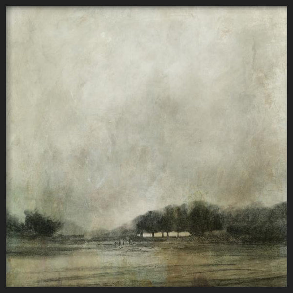 Cuadro cuadrado de paisaje brumoso con árboles oscuros, agua tranquila, cielo difuso en tonos beige, gris verdoso y negro suave, de estilo naturaleza y paisajes. Disponible en kudeko.com