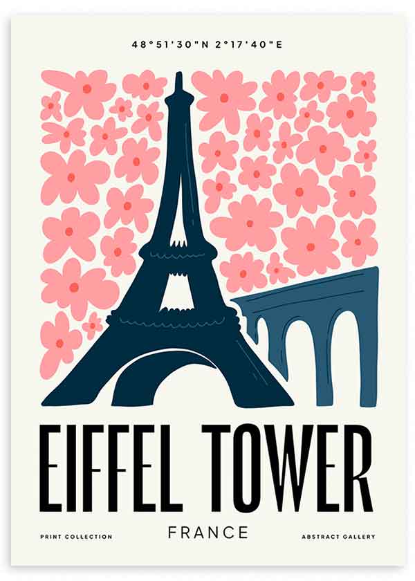 Quadro emoldurado com a Torre Eiffel em azul escuro, flores rosas grandes, fundo claro e composição gráfica de inspiração parisiense em estilo vintage e retro. Disponível em kudeko.com