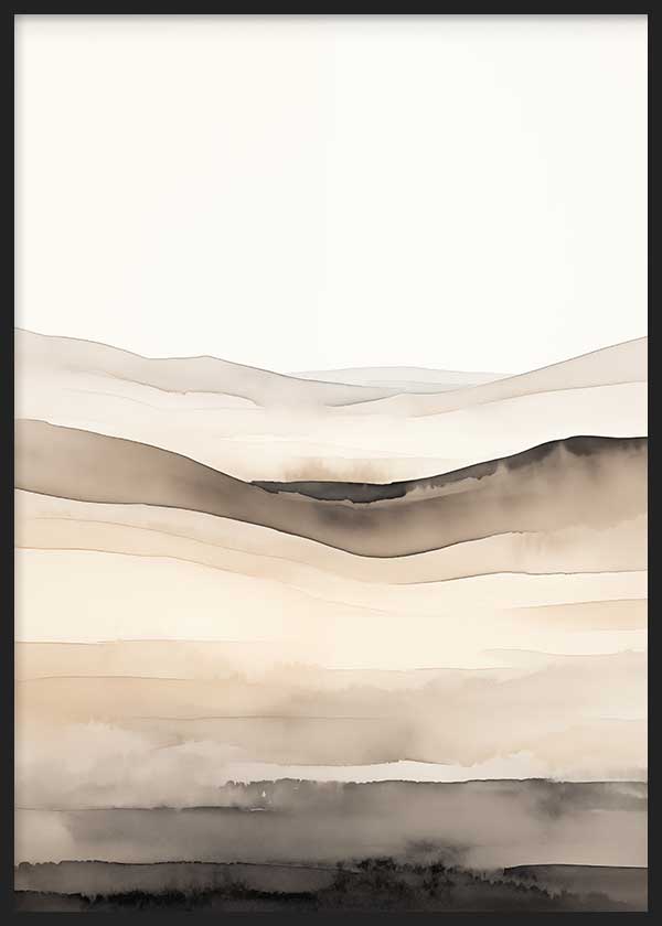 Cuadro con composición abstracta de horizonte en capas onduladas beige, arena, crema, gris humo y negro suave, de estilo abstracto. Disponible en kudeko.com