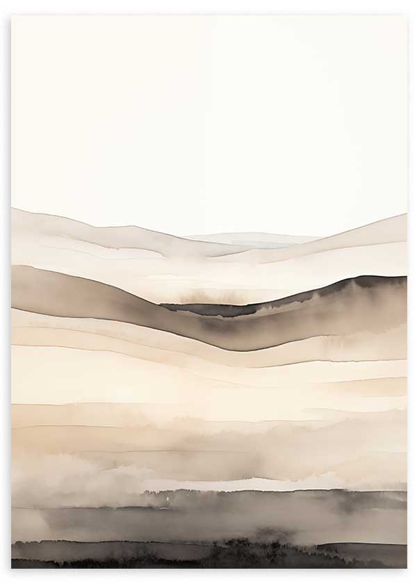 Cuadro con composición abstracta de horizonte en capas onduladas beige, arena, crema, gris humo y negro suave, de estilo abstracto. Disponible en kudeko.com