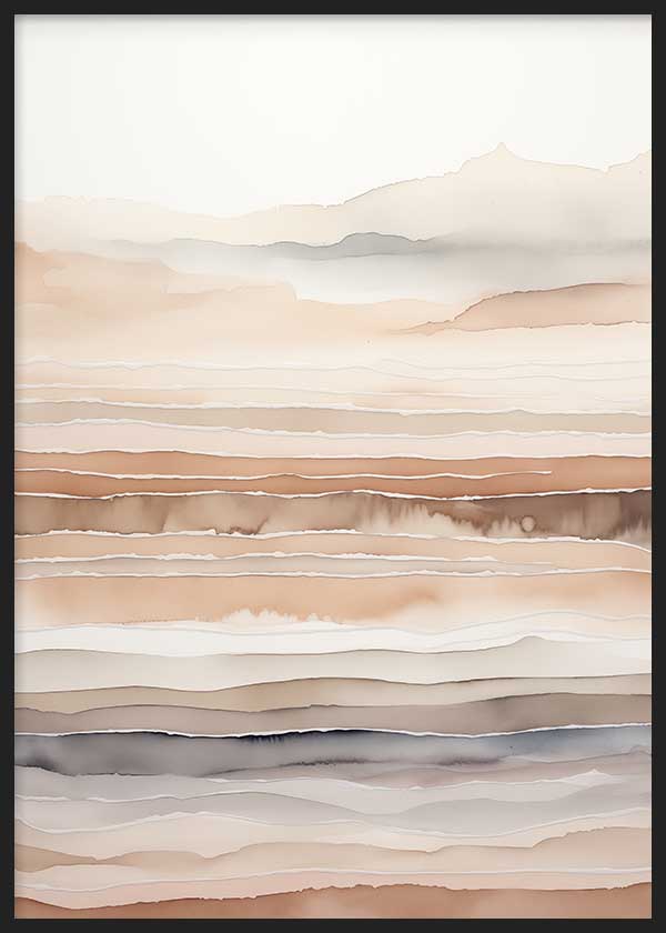 Cuadro de paisaje abstracto con capas horizontales en tonos beige, arena, topo, marrón suave y gris humo, de estilo abstracto. Disponible en kudeko.com