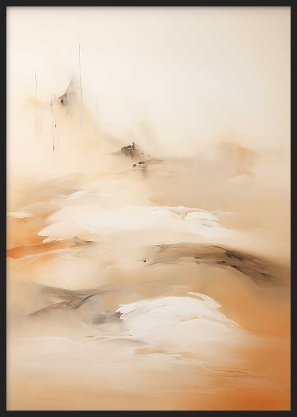 Quadro com composição abstrata de formas difusas em bege, creme, areia, cobre e castanho suave, com estilo etéreo e elegante para decoração de parede. Disponível em kudeko.com