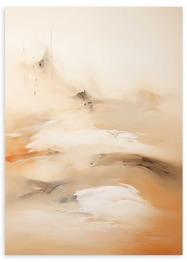 Quadro com composição abstrata de formas difusas em bege, creme, areia, cobre e castanho suave, com estilo etéreo e elegante para decoração de parede. Disponível em kudeko.com