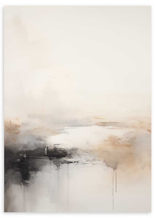 Cuadro con composición abstracta en tonos marfil, beige arena, gris humo y negro, con formas difusas y contraste suave de estilo abstracto. Disponible en kudeko.com