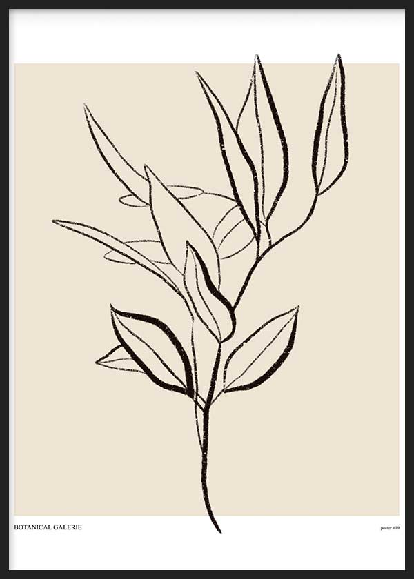 Wandbild mit botanischem Zweig, länglichen schwarzen Blättern auf hellbeigem Hintergrund, pflanzliche Komposition im minimalistischen Stil mit neutralen Farbtönen. Erhältlich auf kudeko.com