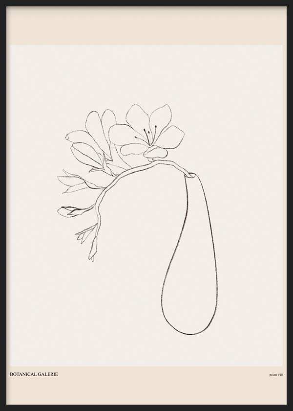 Wandbild mit floralem Motiv, feinen Linien, länglicher organischer Silhouette, cremeweißem Hintergrund, sanften Beigetönen und minimalistischem Stil. Erhältlich auf kudeko.com