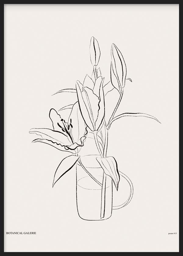 Tableau avec fleurs type lys dans un vase, lignes noires fines sur fond blanc, style floral minimaliste et décoration murale épurée. Disponible sur kudeko.com