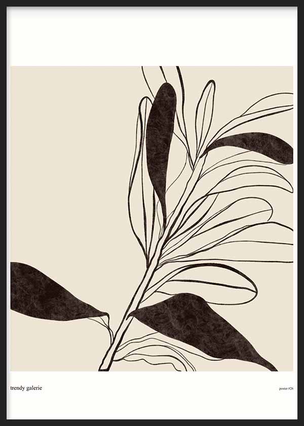Wandbild mit länglichen botanischen Zweigen und Blättern in Schwarz auf hellbeigem Hintergrund, pflanzliche Komposition im minimalistischen Stil mit feinen Linien und ruhiger Wirkung. Erhältlich auf kudeko.com