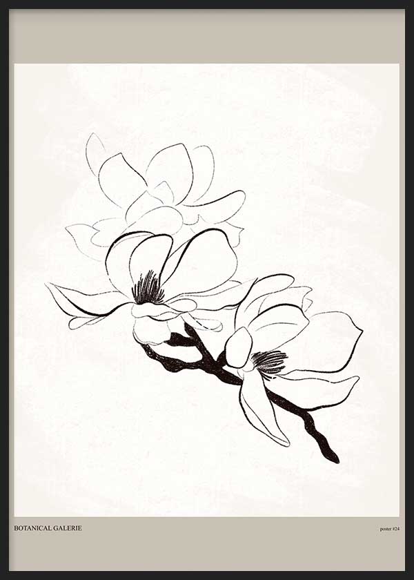 Tableau encadré avec magnolias en trait noir, fond blanc cassé et beige, composition florale aux lignes nettes dans un style contemporain délicat. Disponible sur kudeko.com