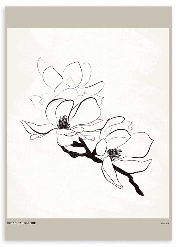 Cuadro de magnolias en línea negra sobre fondo blanco roto y beige, con composición floral elegante de estilo floral. Disponible en kudeko.com