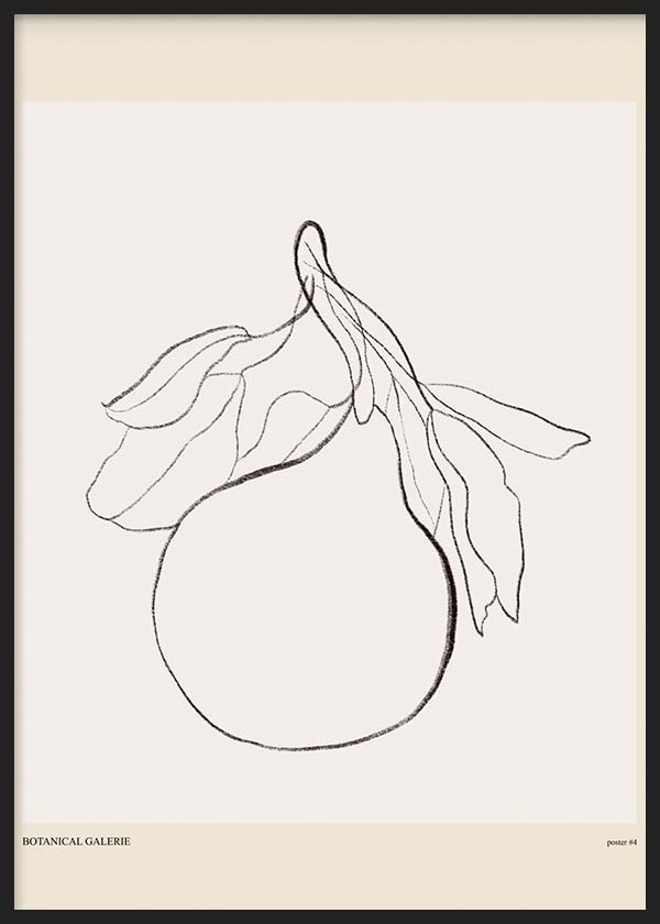 Tableau encadré avec poire et grandes feuilles en trait noir fin sur fond blanc cassé, composition épurée de style minimaliste et contemporain. Disponible sur kudeko.com
