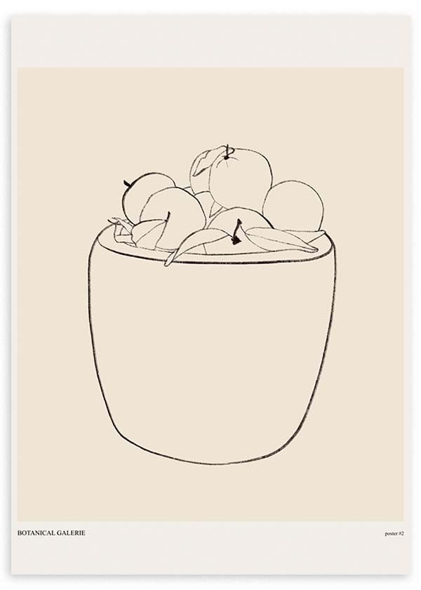 Cuadro de ilustración de frutas sobre fondo beige en dos tonos.