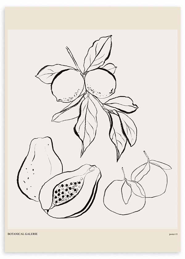 Cuadro de ilustración de frutas sobre fondo beige en dos tonos. Un cuadro de estilo nórdico que encaja muy bien en cocinas neutras y claras.