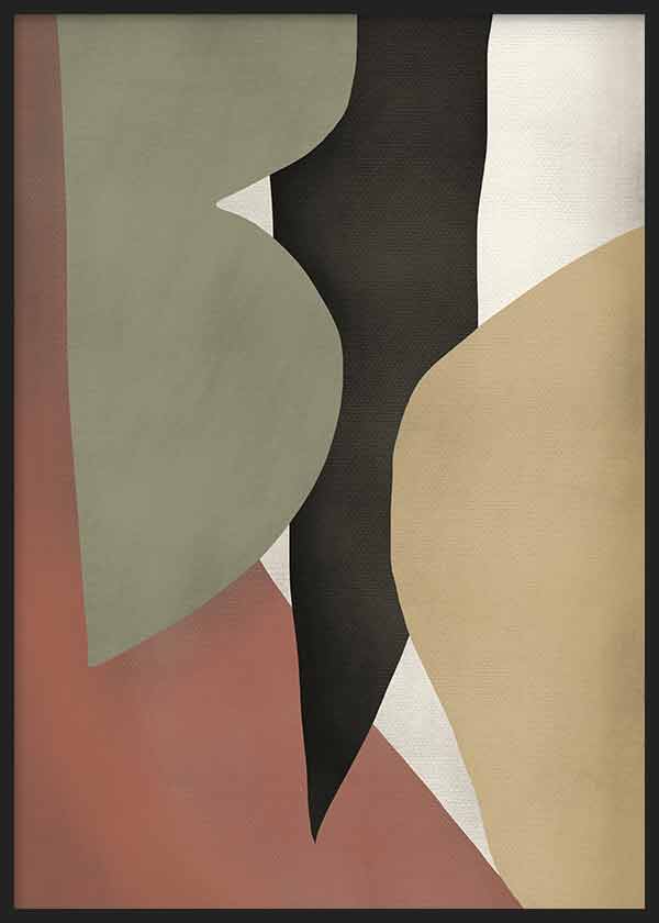 Cuadro de formas abstractas orgánicas y geométricas en verde salvia, beige arena, terracota, negro y blanco roto, de estilo abstracto. Disponible en kudeko.com