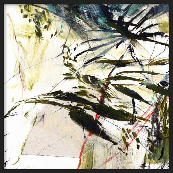 Cuadro cuadrado con composición abstracta de ramas y vegetación en movimiento, tonos verde oliva, negro, azul grisáceo y sutiles acentos rojos, de estilo abstracto. Disponible en kudeko.com