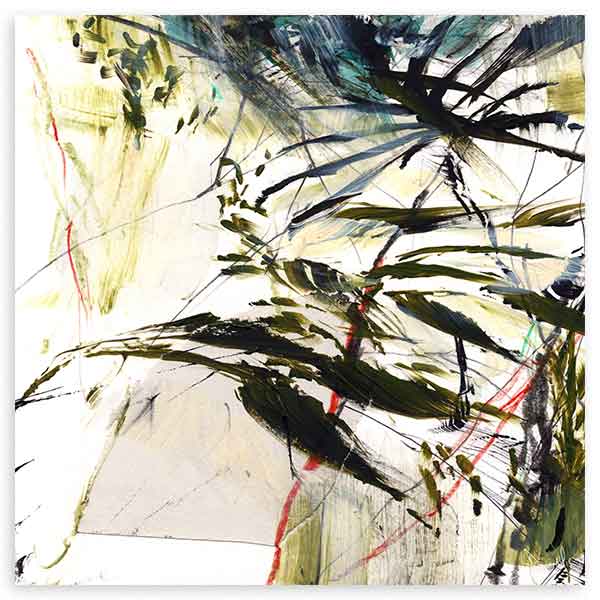 Cuadro cuadrado con composición abstracta de ramas y vegetación en movimiento, tonos verde oliva, negro, azul grisáceo y sutiles acentos rojos, de estilo abstracto. Disponible en kudeko.com