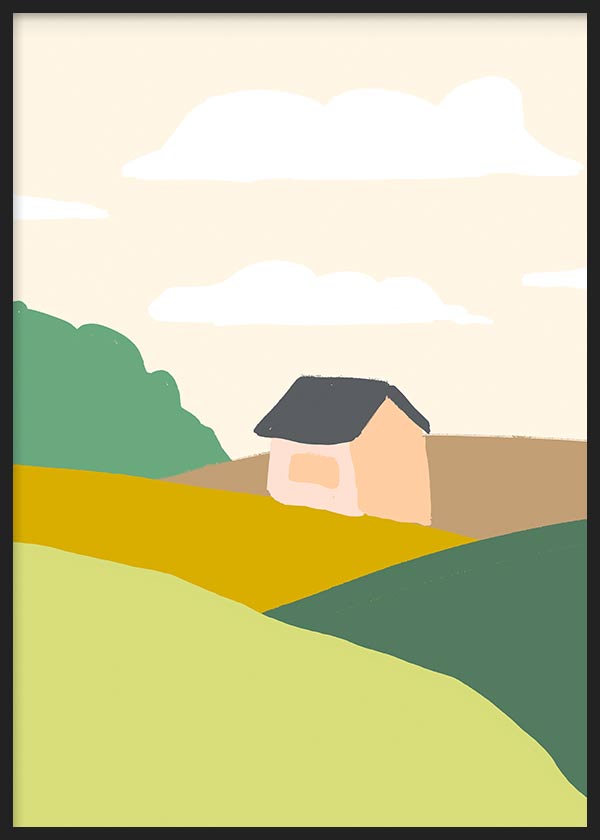 Tableau encadré avec petite maison, collines vertes, champs moutarde, ciel crème, nuages blancs et style illustration aux lignes simples et apaisantes. Disponible sur kudeko.com