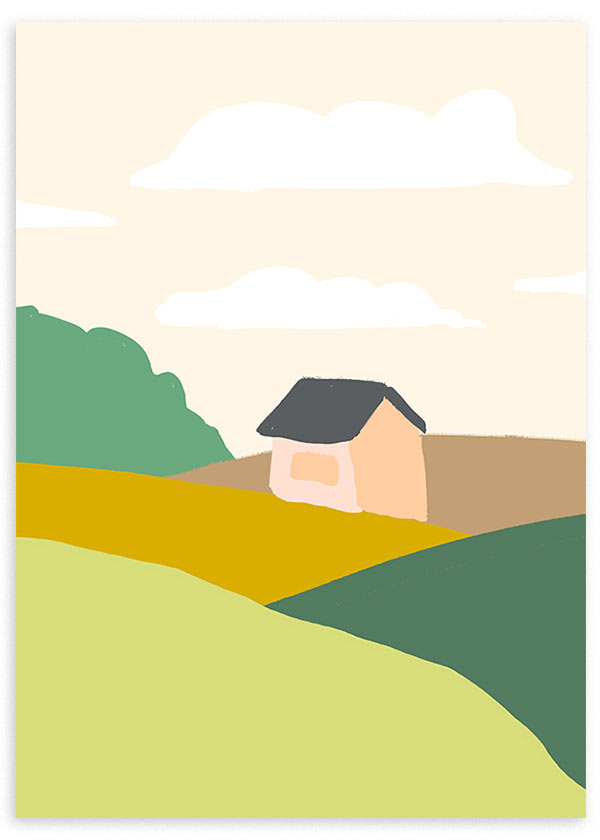 Cuadro con pequeña casa entre colinas verdes, campos mostaza, cielo crema y nubes blancas, composición serena de estilo ilustración. Disponible en kudeko.com