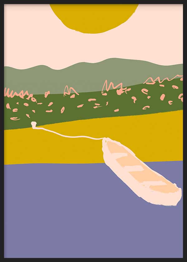 Tableau de paysage abstrait avec collines vertes, soleil jaune, ciel rose, bande ocre, barque claire et eau lilas, dans un style aux formes plates et apaisées. Disponible sur kudeko.com