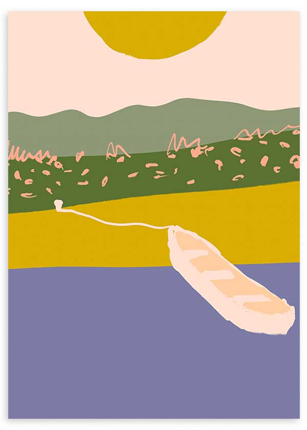 Cuadro de paisaje con colinas verdes, sol amarillo, cielo rosa, franja ocre y barca clara sobre agua lila, de estilo abstracto. Disponible en kudeko.com