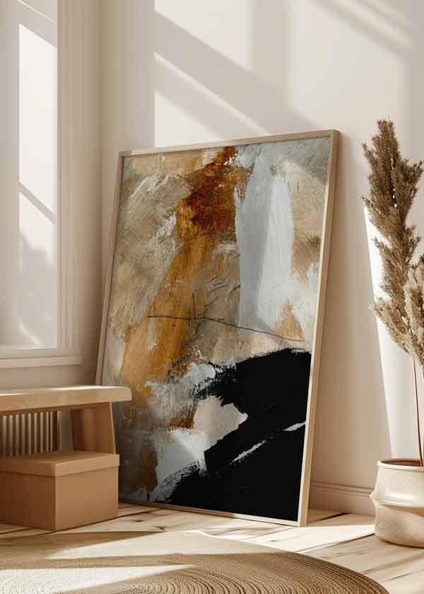 Cuadro abstracto con pinceladas expresivas en tonos marrón, negro y blanco - kudeko.com
