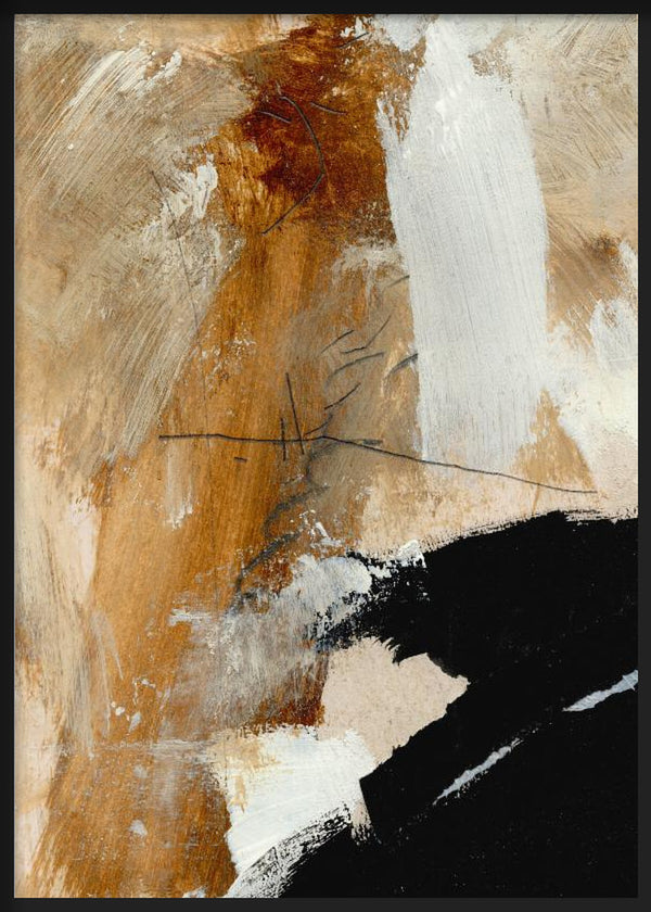 Abstraktes Wandbild mit großen Formen in Beige, Erdbraun, Weiß und Schwarz, feinen dunklen Linien und modernem Stil für Wohnräume. Erhältlich auf kudeko.com