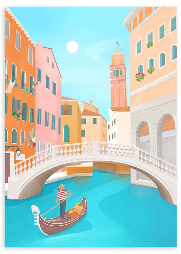 Wandbild mit einer Szene aus Venedig, Gondel auf türkisfarbenem Kanal, weißer Brücke, Campanile und Fassaden in Korall, Pfirsich und Creme, im Illustrationsstil. Erhältlich auf kudeko.com