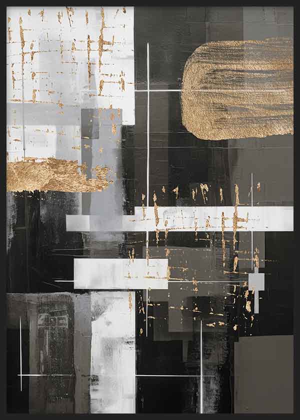 Cuadro con composición abstracta de bloques negros, blancos y grises, líneas finas y detalles dorados, de estilo abstracto. Disponible en kudeko.com